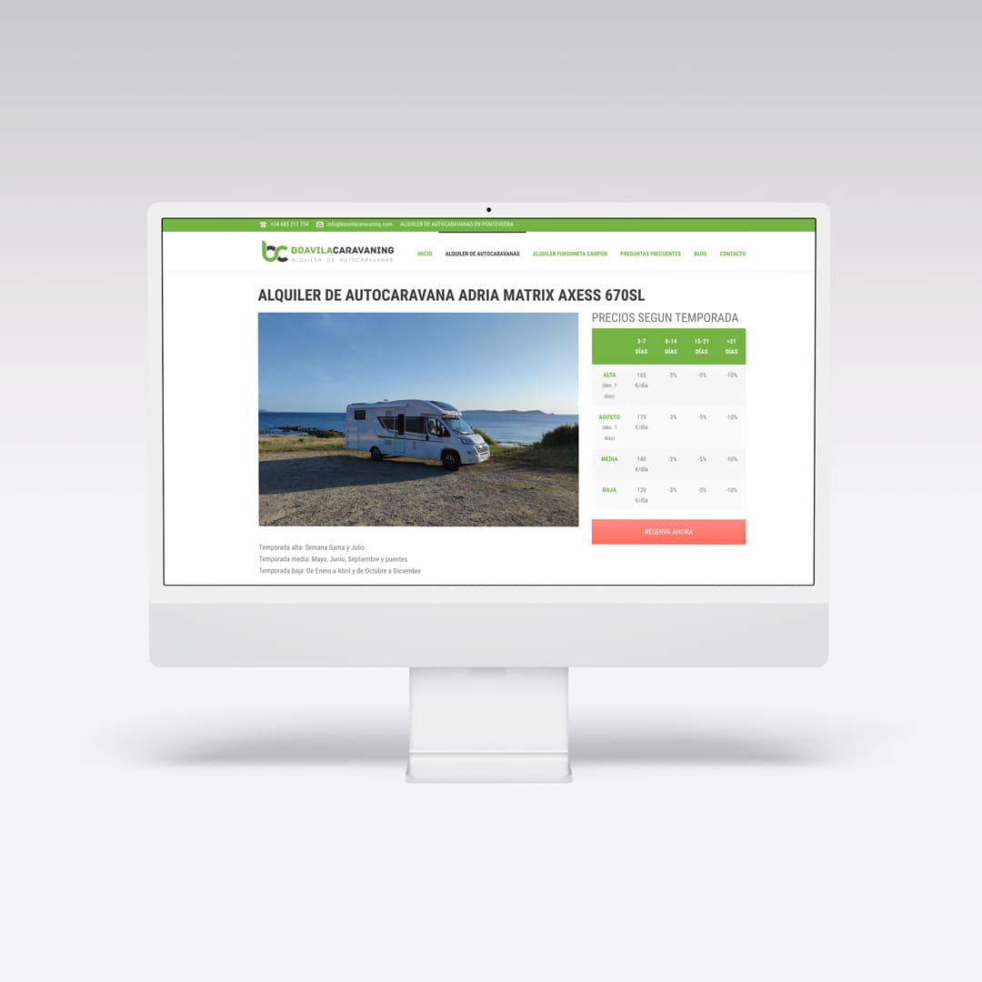 Diseño web para empresa de alquiler de autocaravanas Boa Vila Caravaning - Agarimo Comunicación