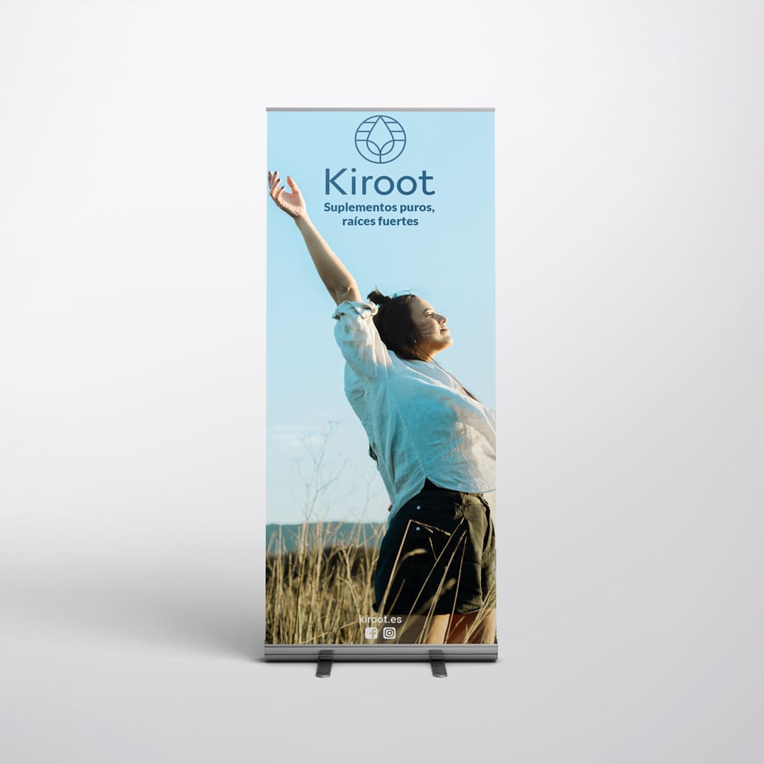 Impresión de Roll Up para Kiroot - Agarimo Comunicación.